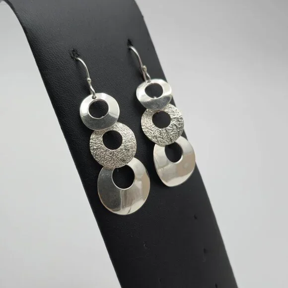 950 Silver Bright Tiered Circles Dangle Earrings A3493 - Picture 2 of 5